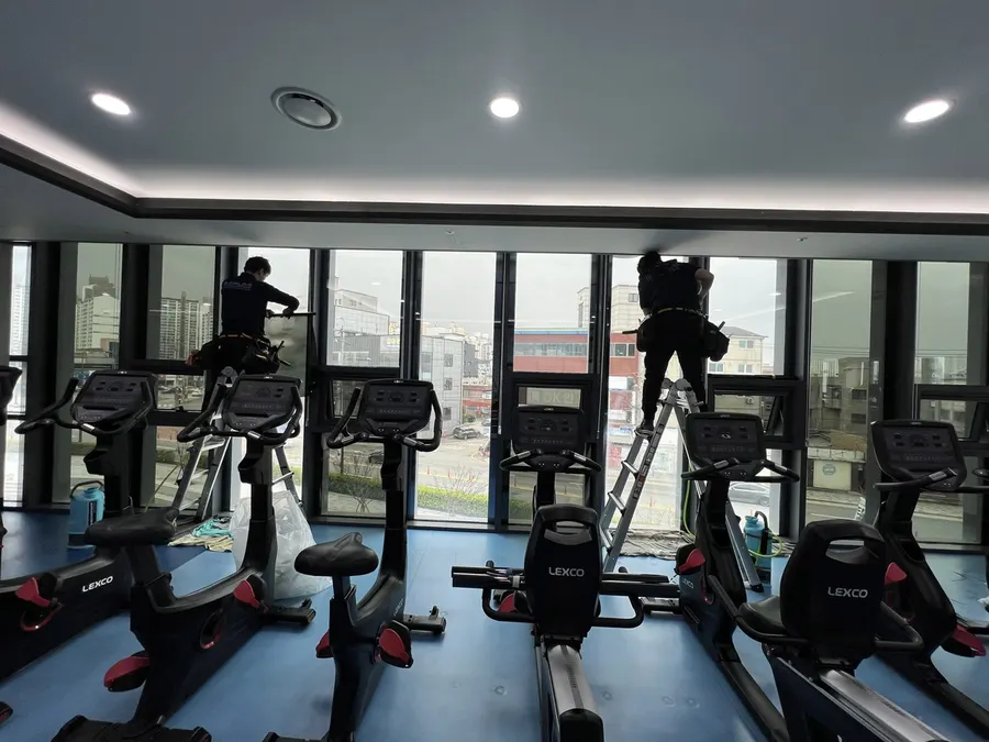 안전벨트를 착용한 시공팀이 사다리 위에서 창호에 필름을 부착하는 작업 현장